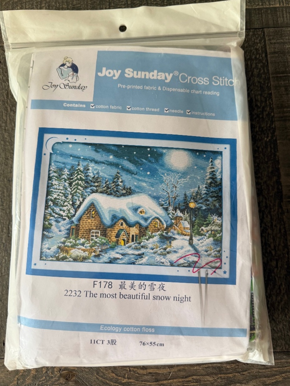 Snowy Night House Joy Sunday Pre-Printed Cross Stitch Kit 11ct Aida - NEW